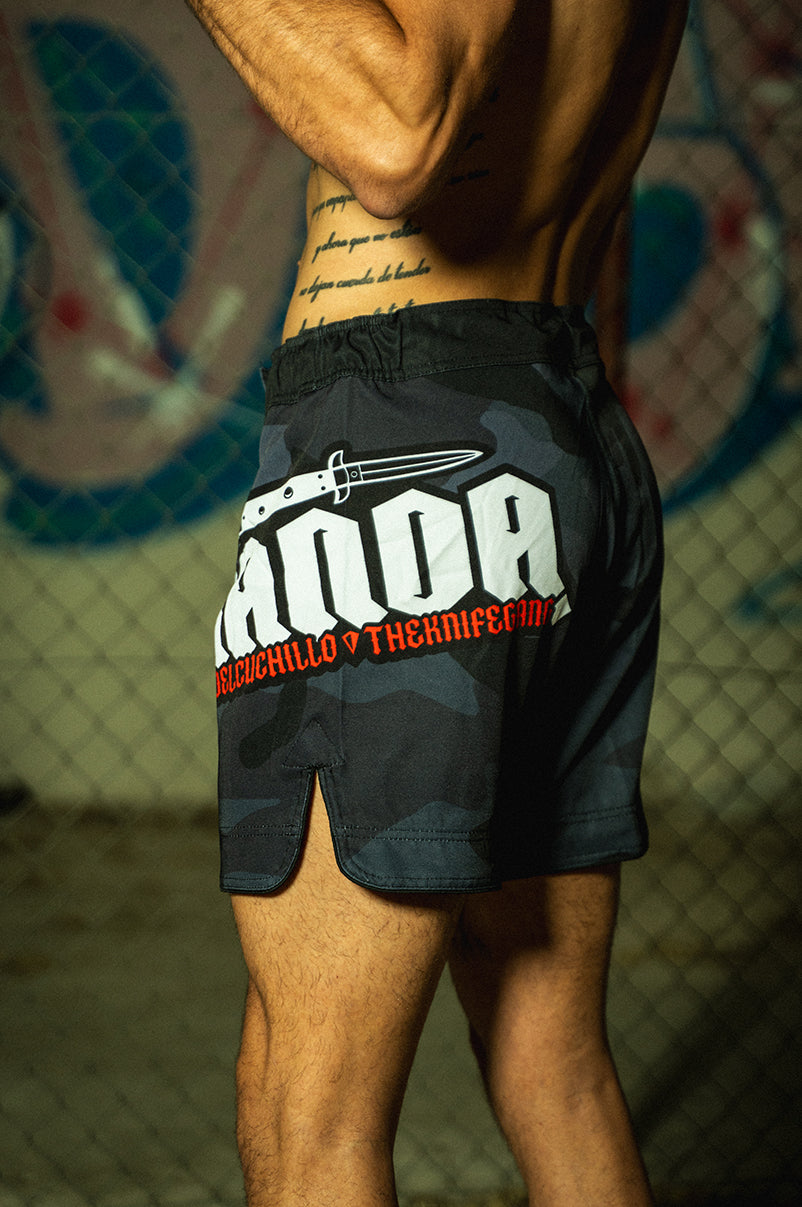 THE KNIFE GANG MMA SHORT [BLACKCAMO & RED]